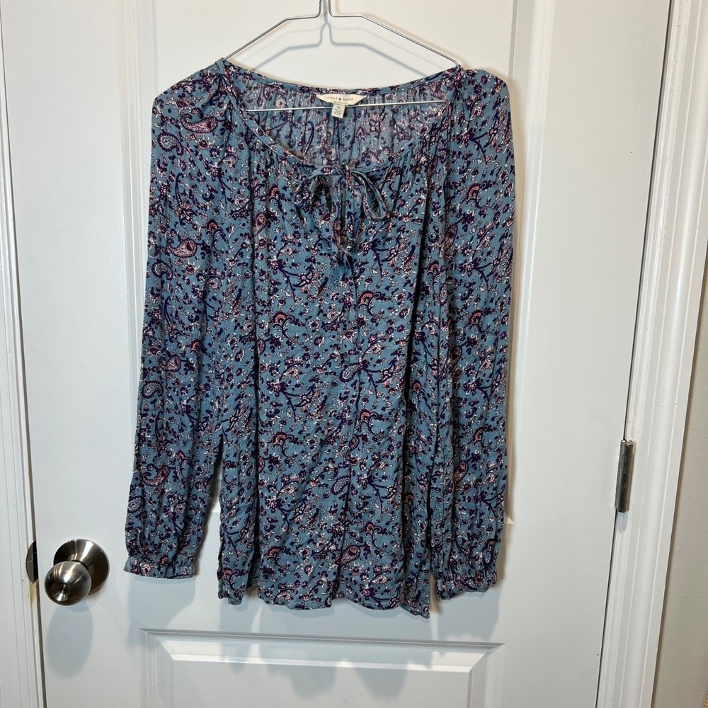 Lucky‎ Brand Blue Floral Print Long Sleeve Tie Neck Blouse Top Women's Medium